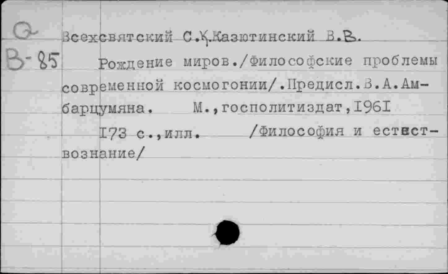 ﻿1ТИНСКИЙ В.ЕЬ.
Рождение миров./Философские проблемы современной космогонии/.Предисл.В.А.Амбарцумяна. М.,госполитиздат,1961
1/3 с.,илл. /Философия и естествознание/